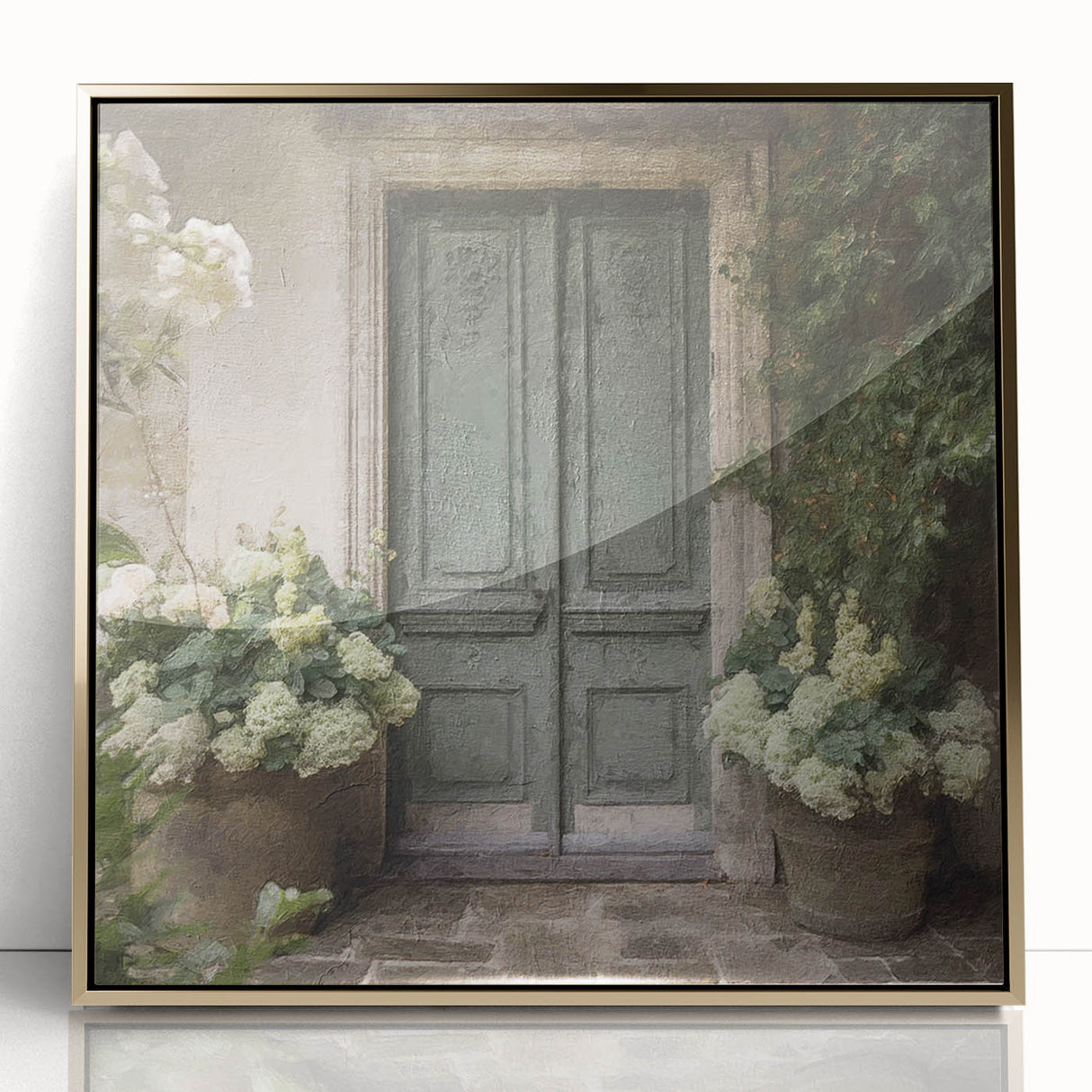 Mid-century modernist large art print of a gold French door on framed acrylic, suitable for modern art wall decor.