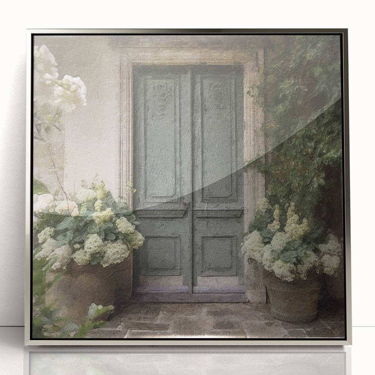 Mid-century modernist art depicting a stylized French door in silver and gray tones, acrylic print framed.