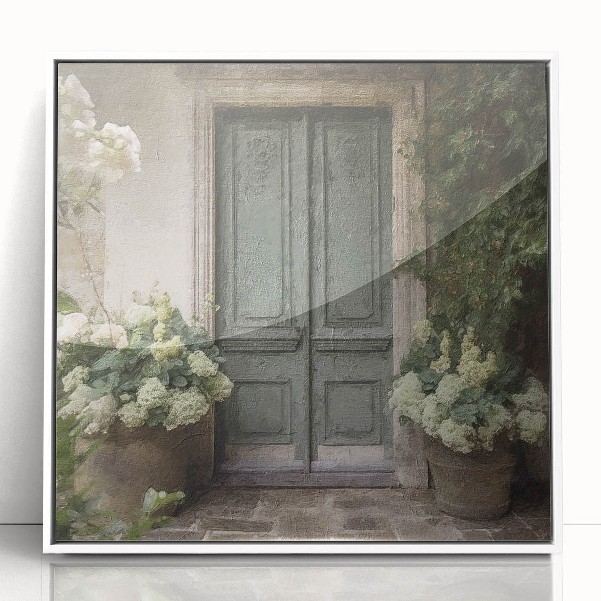 Art Deco poster featuring a white French door design on a framed acrylic, perfect for modern bedroom ambiance.