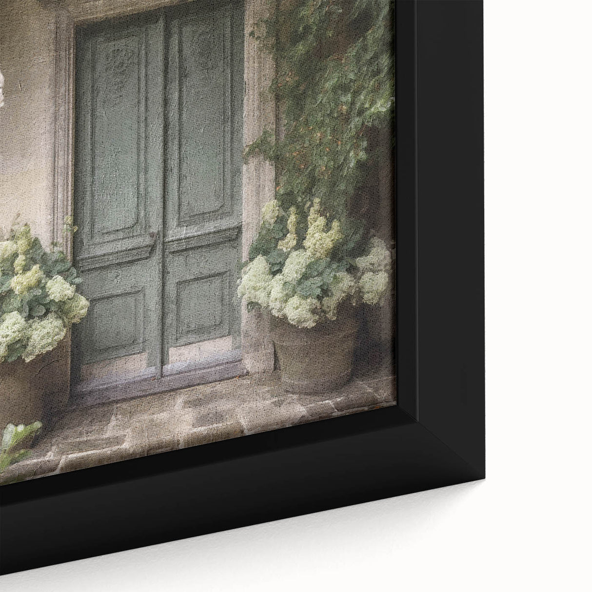 Close-up of a textured black door framed canvas art with colorful accents, ideal for living room decor.