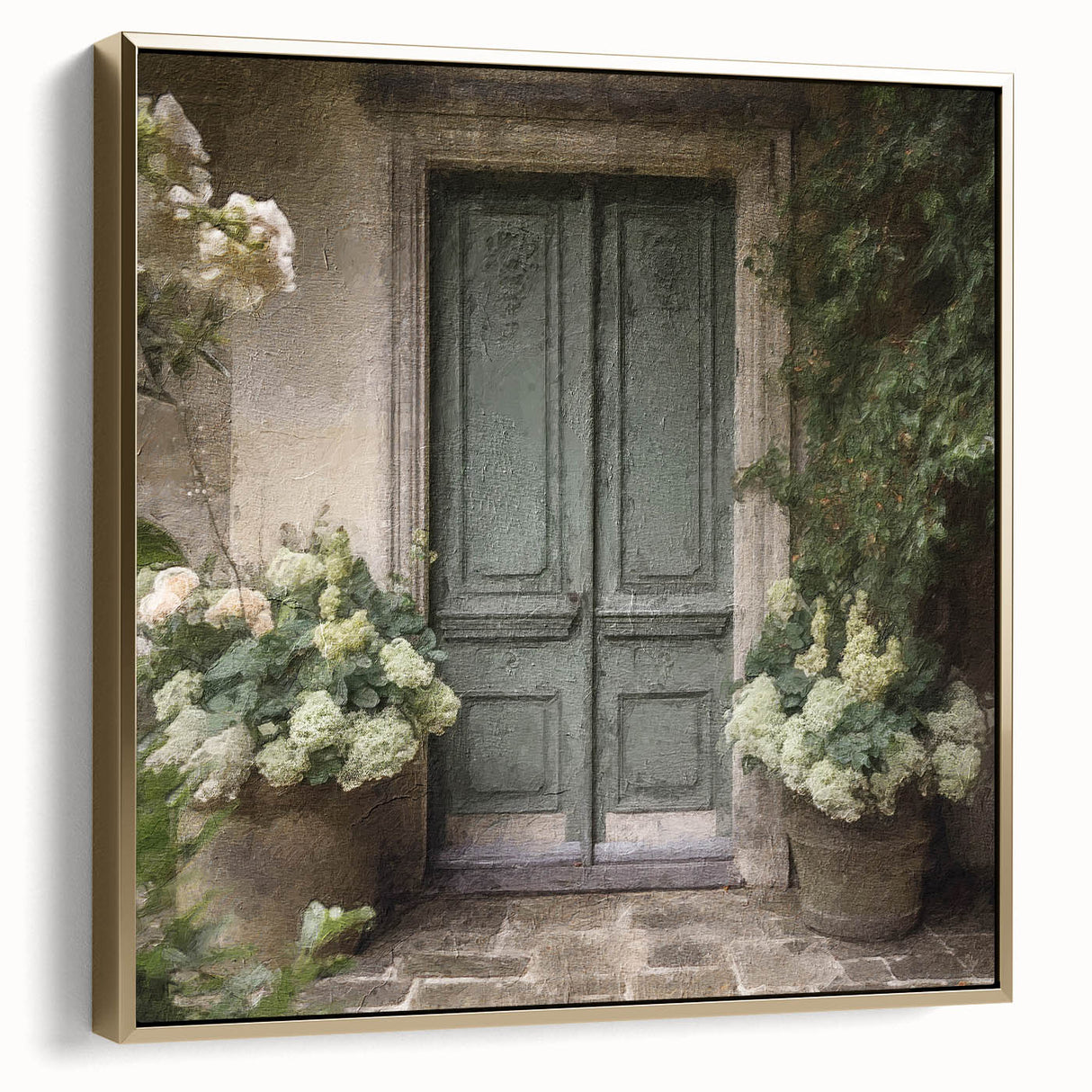 Framed canvas depicting a vintage poster of a French door design in silver and gold tones, ideal for bedroom wall art.