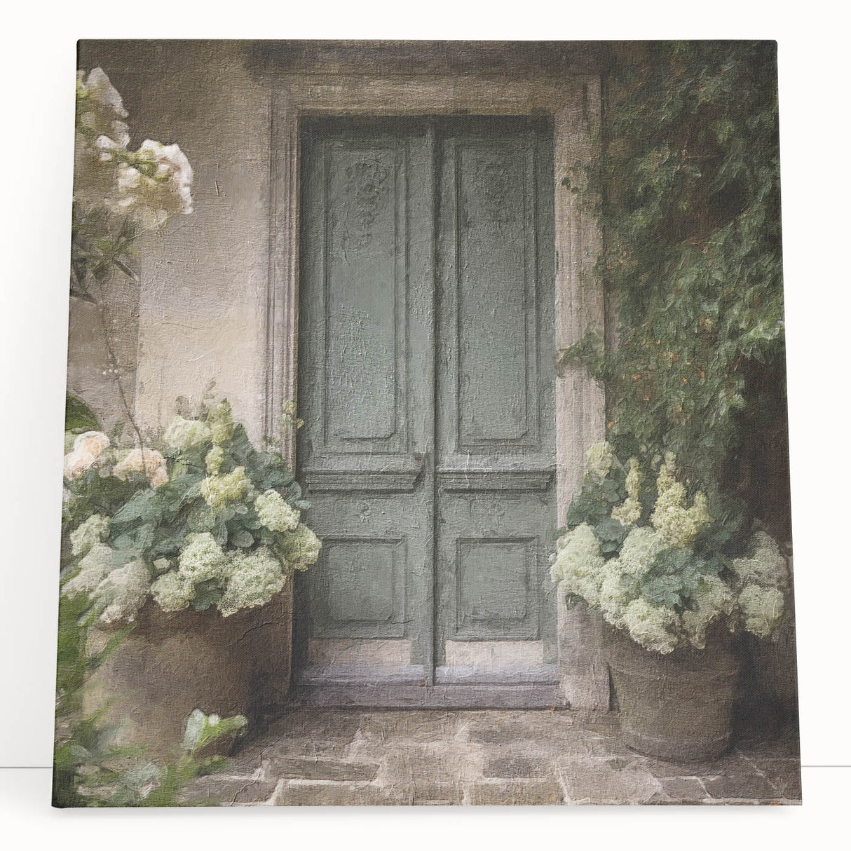 Black and white photograph of a French door design on stretched canvas, suitable as kitchen wall art or for bedroom ambiance.