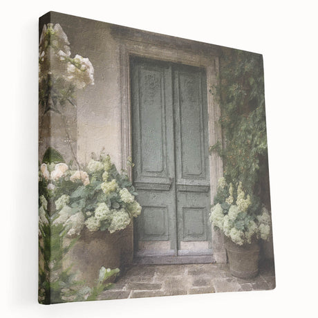Large art print of an architectural door design in muted earth tones on stretched canvas, suitable for kitchen wall decor.