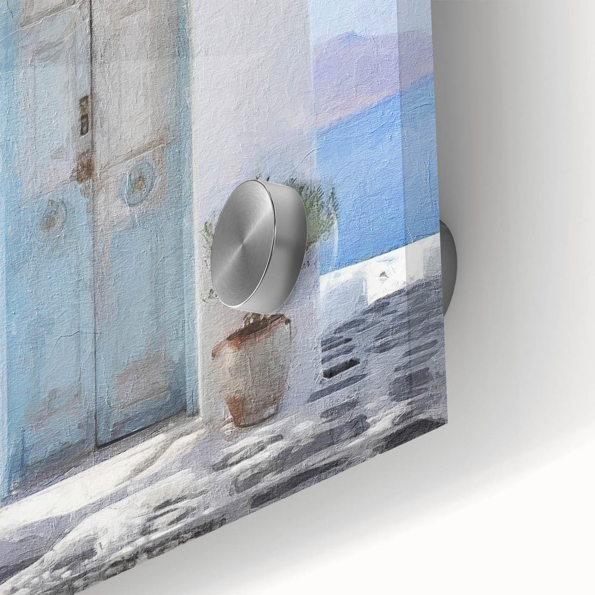 Close-up of a large abstract acrylic print depicting Greek architecture, ideal for dining room art.