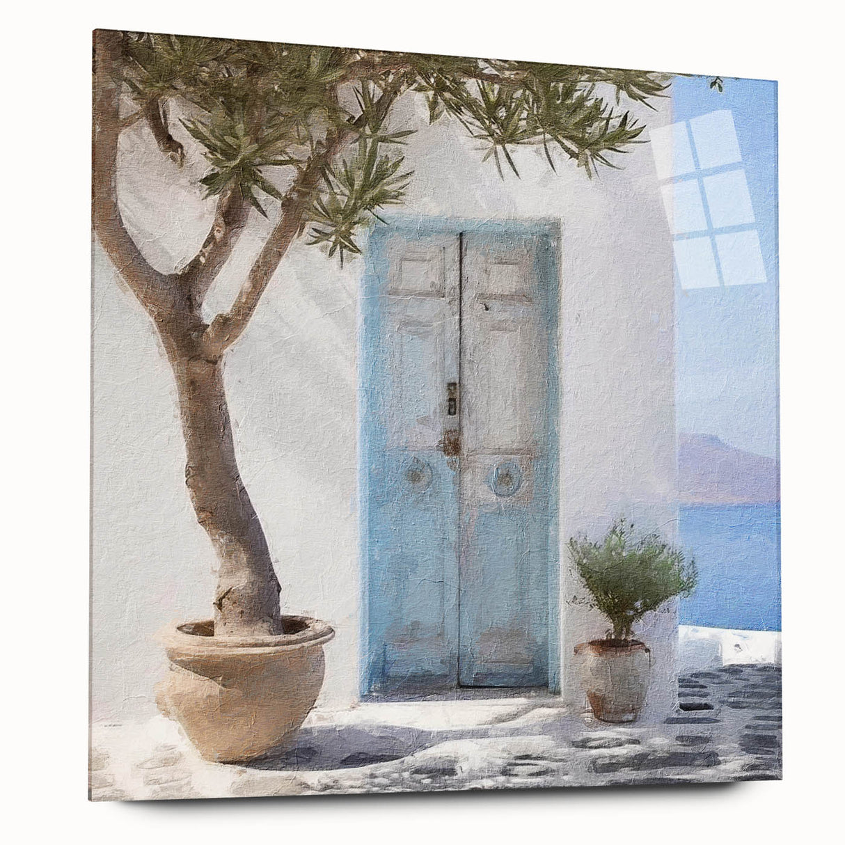 Large abstract wall art of a Greek door design in muted earth tones on acrylic glass.