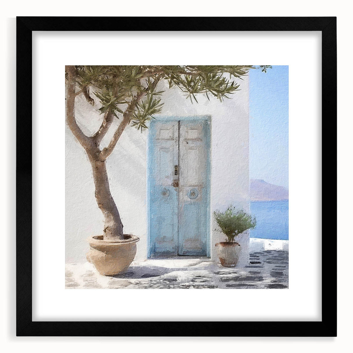 Extra large abstract art print featuring a colorful, textured depiction of a Greek door, framed with black mat.