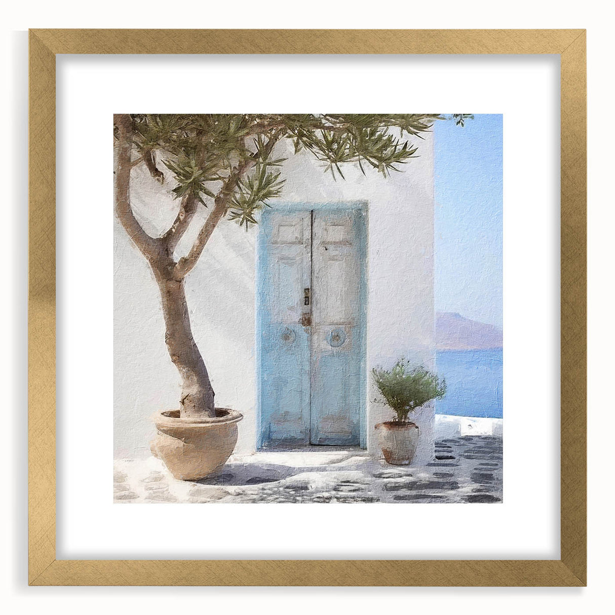 Extra large abstract art print featuring a textured Greek door design in gold tones, framed with mat.