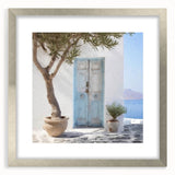Textured abstract art print of a Greek door in muted earth tones, framed in silver, ideal for bedroom art.