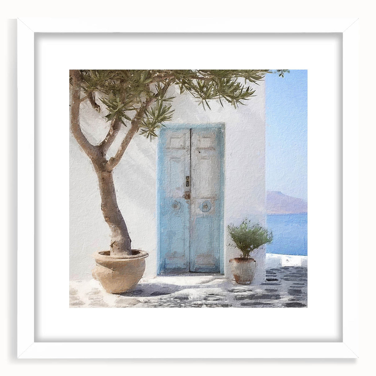 Abstract art print of a Greek door design in muted earth tones, framed with a white mat.