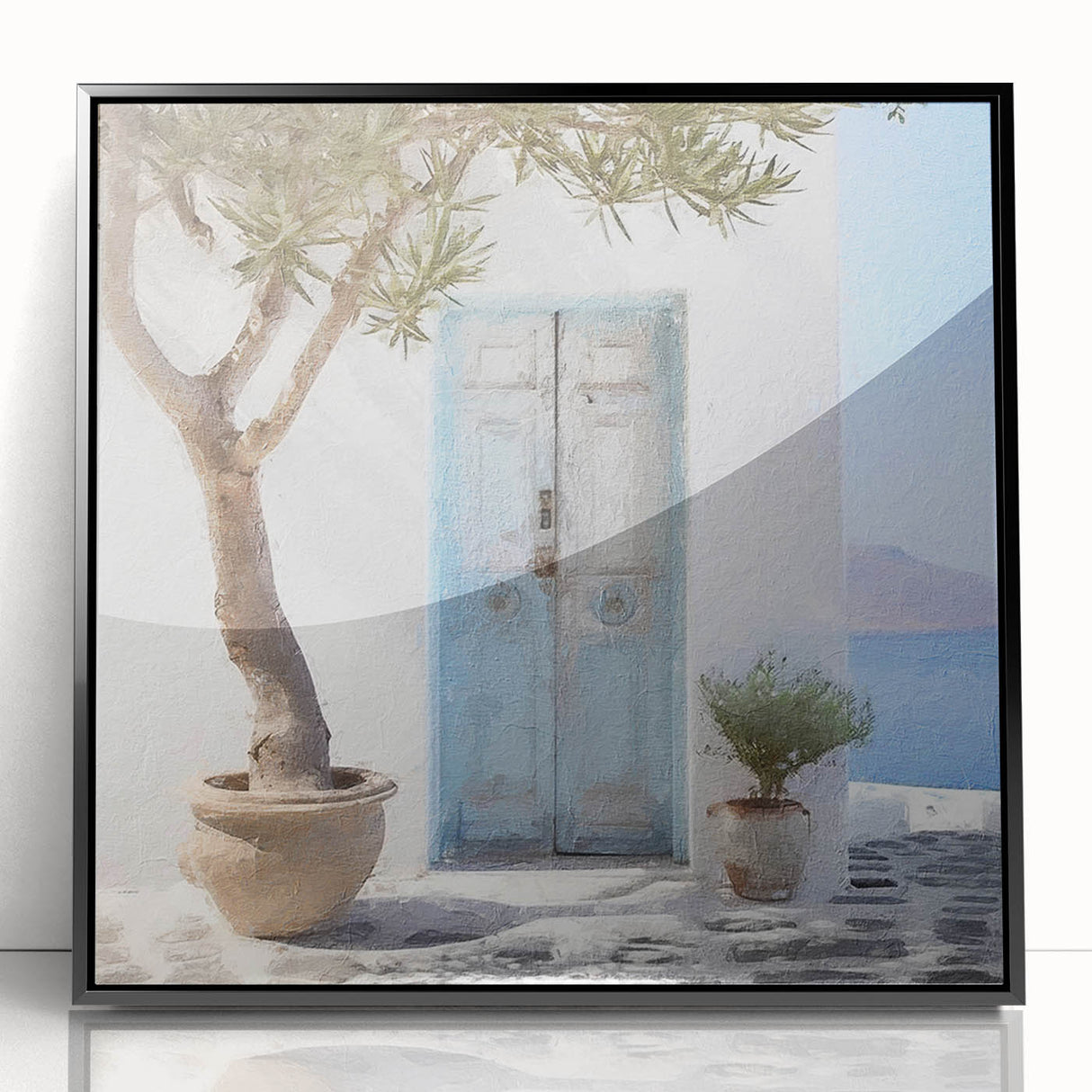 Large abstract wall art featuring a mid-century modernist style Greek door design in black and white on a framed acrylic…