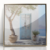 Mid-century modernist acrylic print featuring a Greek architecture door design in gold tones.