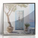 Mid-century modernist art of a Greek door, framed in acrylic with silver edges, in muted earth tones.