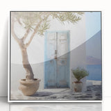 Art deco poster of a Greek door design in black and white, framed acrylic, suitable for modern art wall decor.