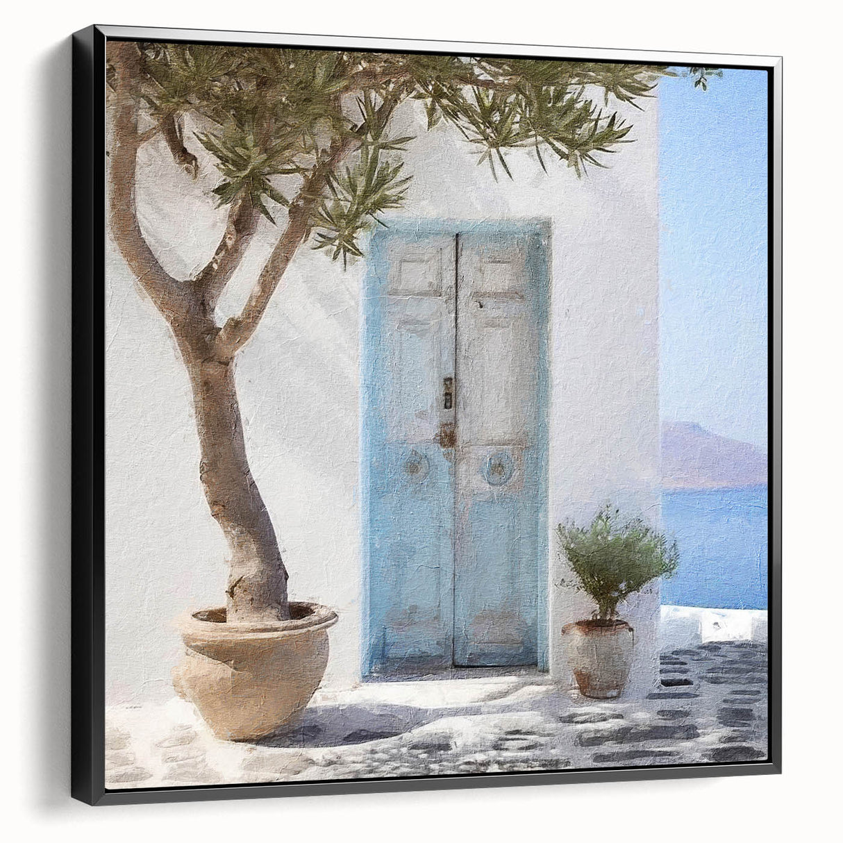 Black and white framed canvas of a vintage Greek door design, ideal for bedroom wall placement.