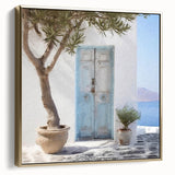 Framed canvas depicting a vintage Greek door in black with gold and silver accents, ideal for bedroom wall art.