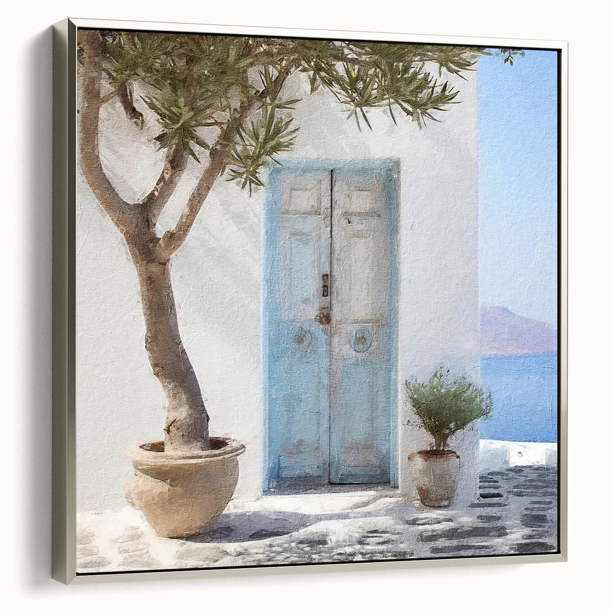 Framed canvas of a vintage-style black door surrounded by colorful, abstract landscape art.