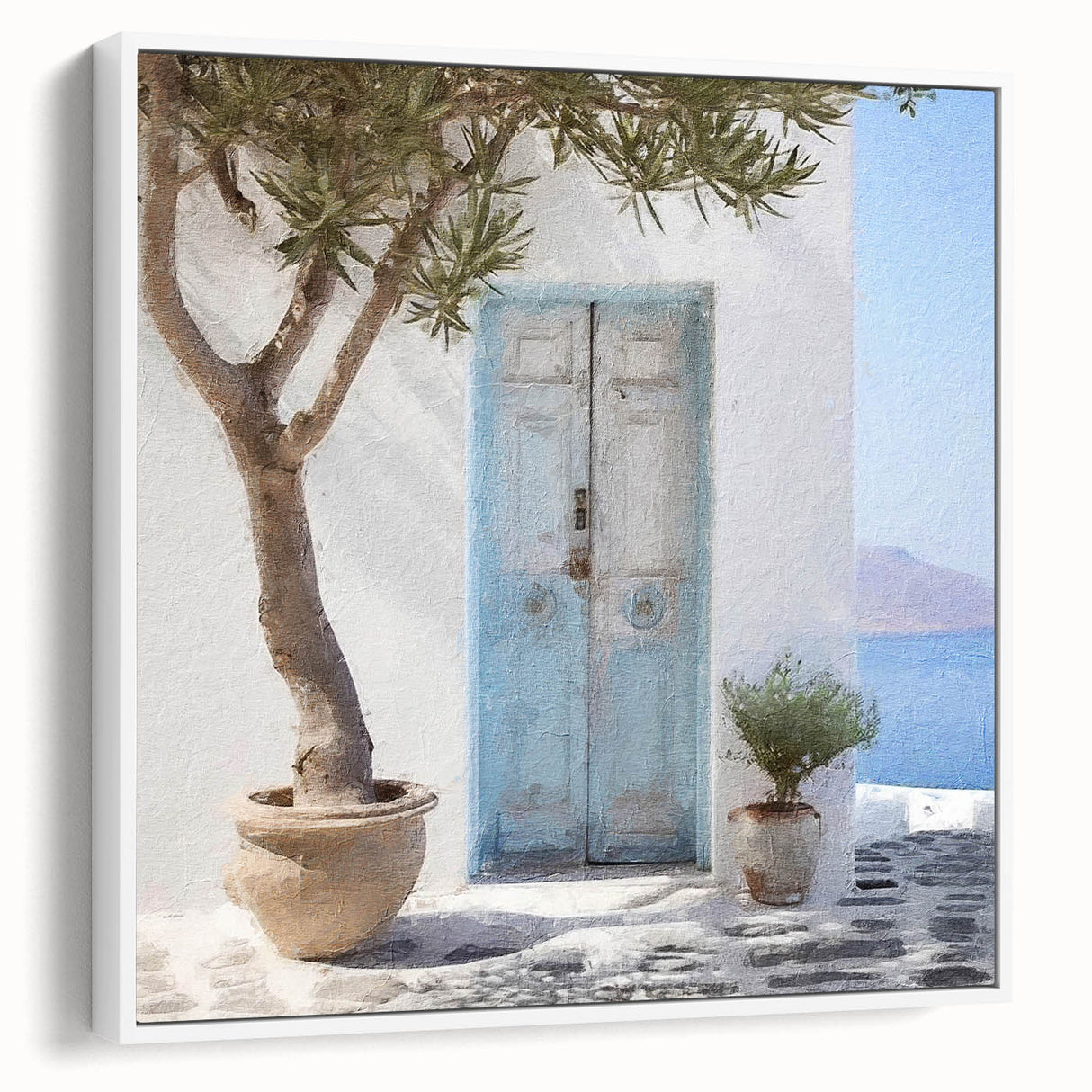 Framed canvas of a vintage poster featuring a Greek door design in black and white, ideal for living room decor.