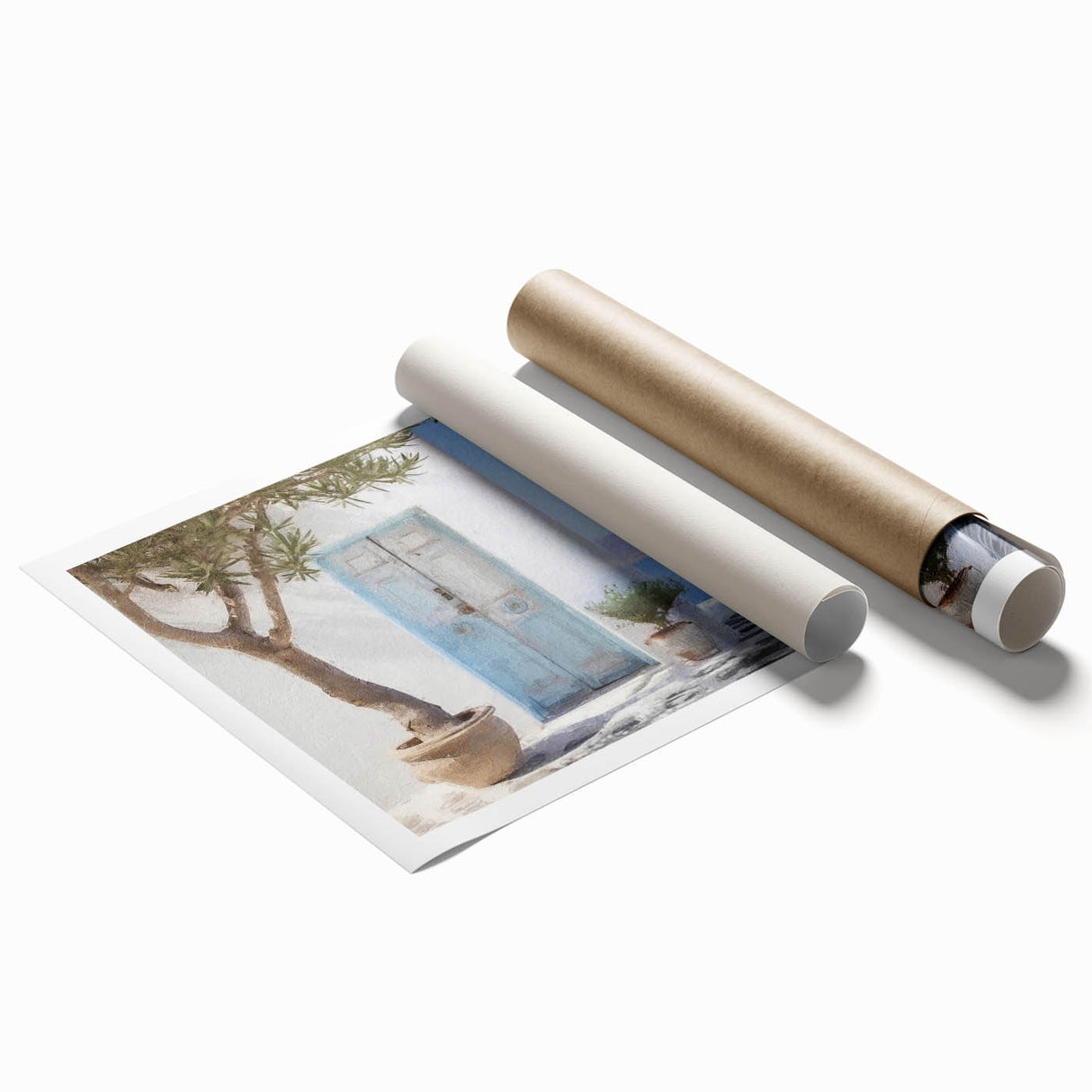 Extra large rolled print of a Greek door design with floral accents in muted earth tones.