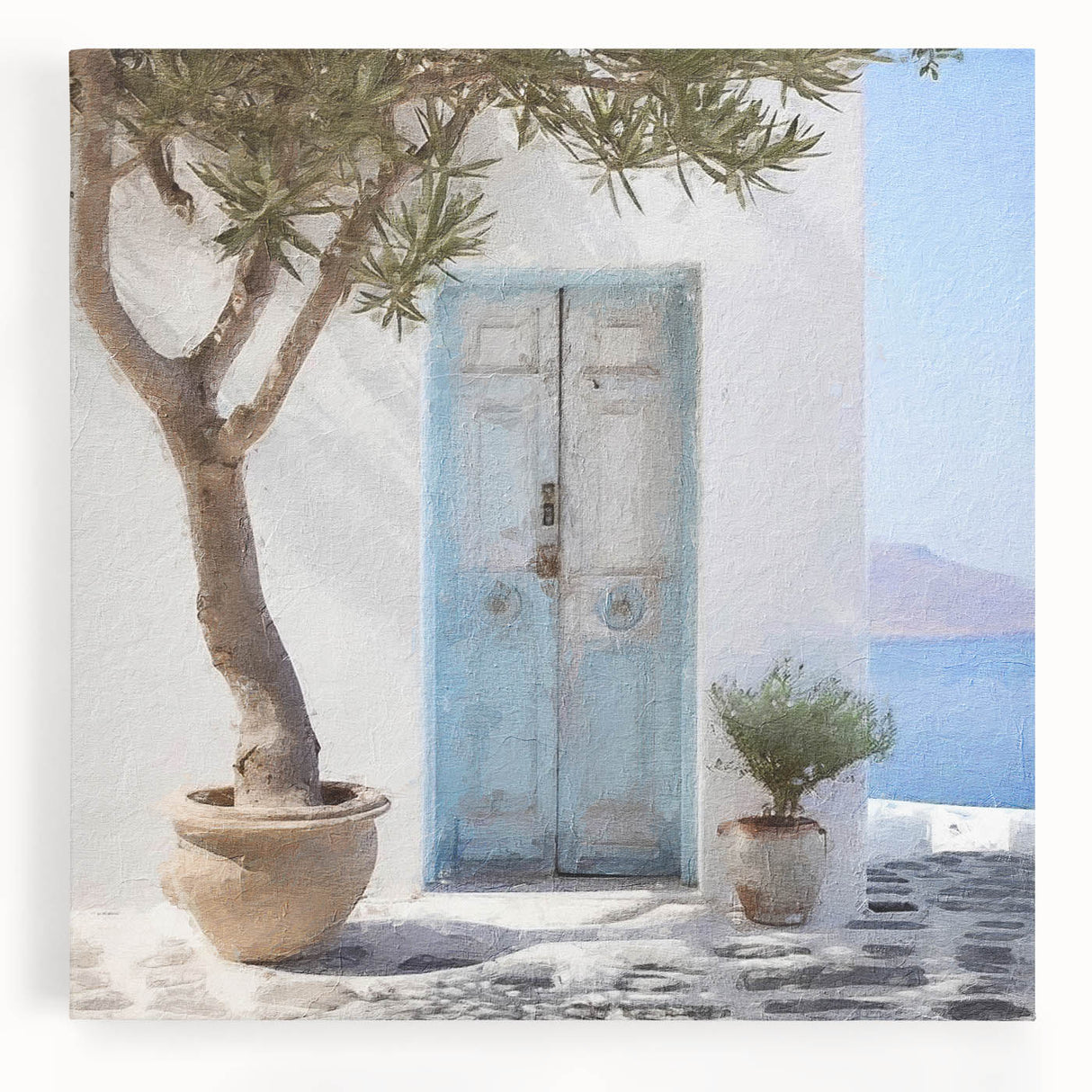 Black and white photo of a Greek architecture door on stretched canvas, suitable as large kitchen wall art.