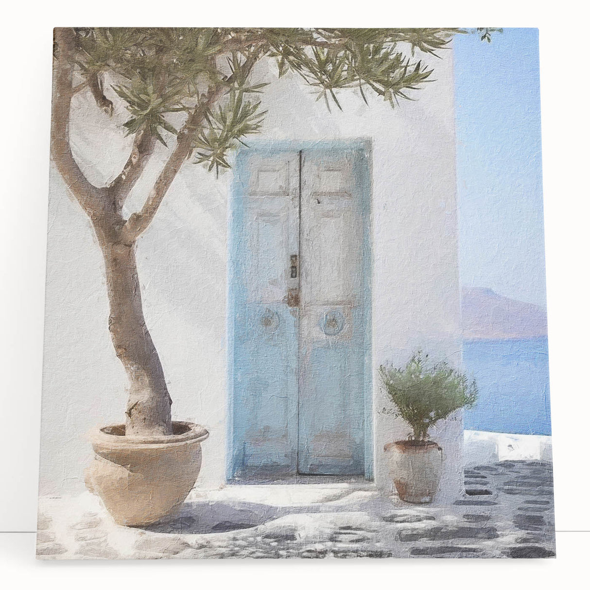 Black and white photo of a Greek architecture door on stretched canvas, ideal for kitchen wall art or bedroom.