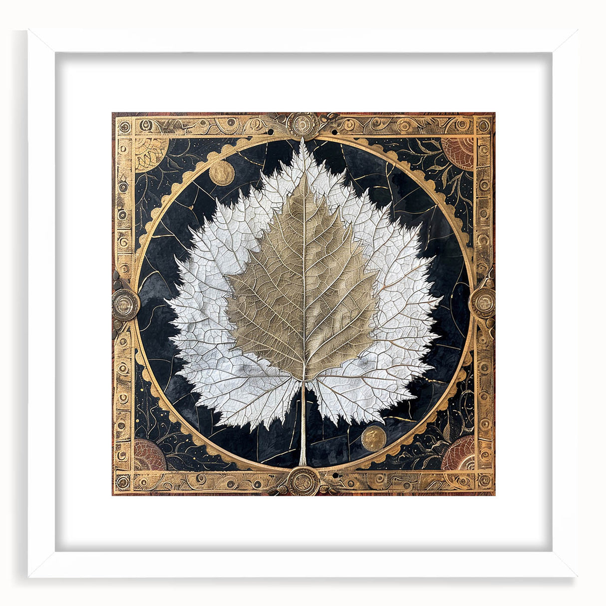 Framed wall art featuring a vibrant floral and botanical design with green leaves on a white background, elegantly displayed in a white mat and frame.