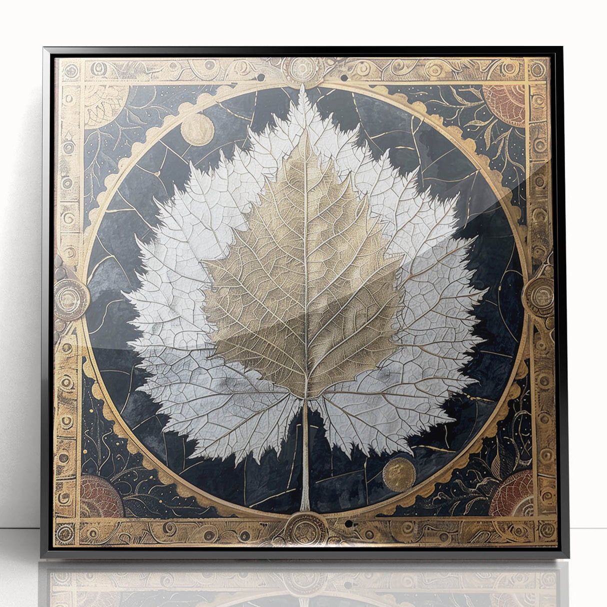 Framed wall art featuring a floral and botanical design with vibrant colors, set in a sleek black frame, ideal for modern home decor aesthetics.
