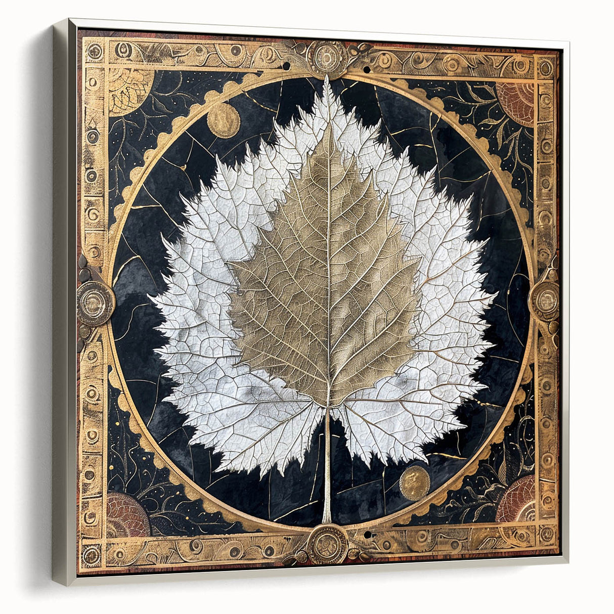 Framed canvas wall art showcasing a floral design with colorful flowers and green leaves, elegantly displayed with a sleek silver frame, perfect for home decor.