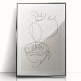 Large art print of a mid-century modernist food and drinks motif in a silver frame, ideal for modern kitchen decor.