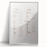 Acrylic print of a food-inspired art deco poster in black and white, ideal for modern kitchen decor.