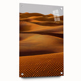 Acrylic glass display showcasing a side view of a stunning desert dune landscape, featuring soft golden and sandy hues with decorative pins for secure mounting. Perfect for modern home decor enthusiasts seeking a serene natural aesthetic.