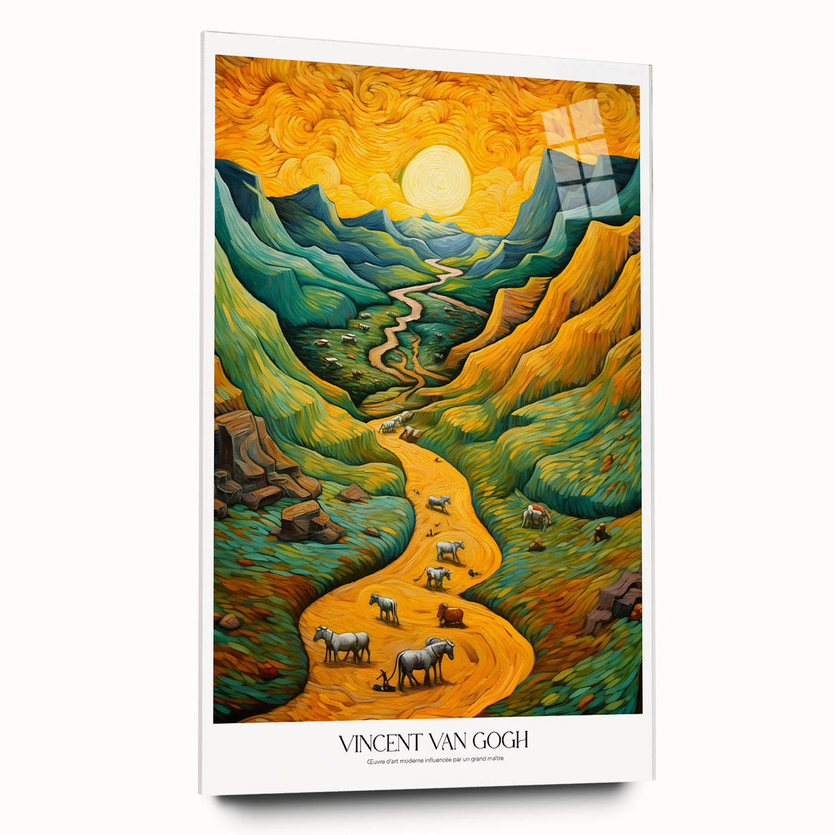 Large abstract impressionist-style art print on acrylic glass, featuring swirling blue and yellow tones.