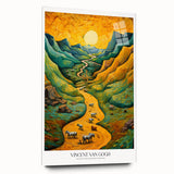 Large abstract impressionist-style art print on acrylic glass, featuring swirling blue and yellow tones.