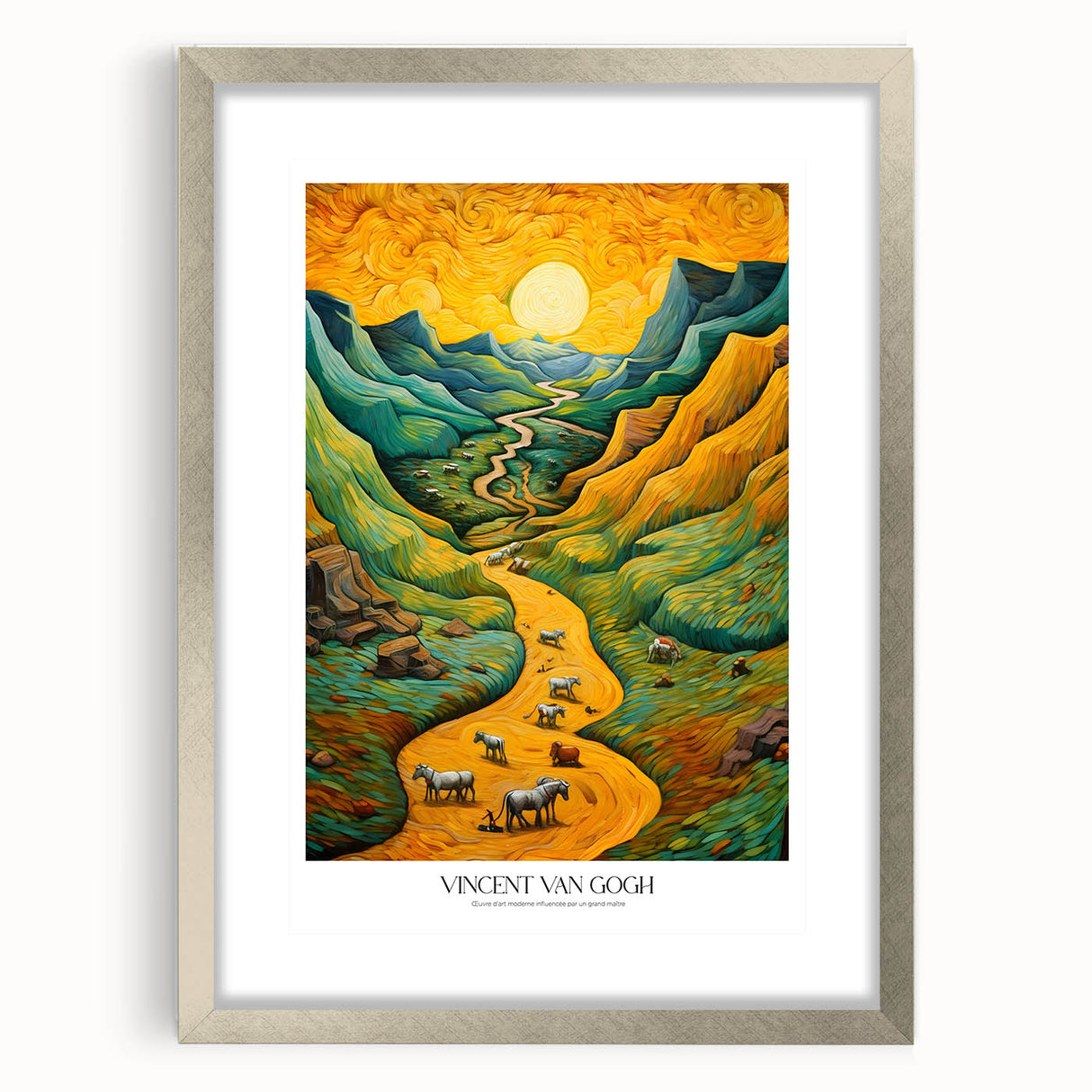 Textured abstract art print of a swirling sky in vibrant blue and yellow tones on a silver-framed canvas.