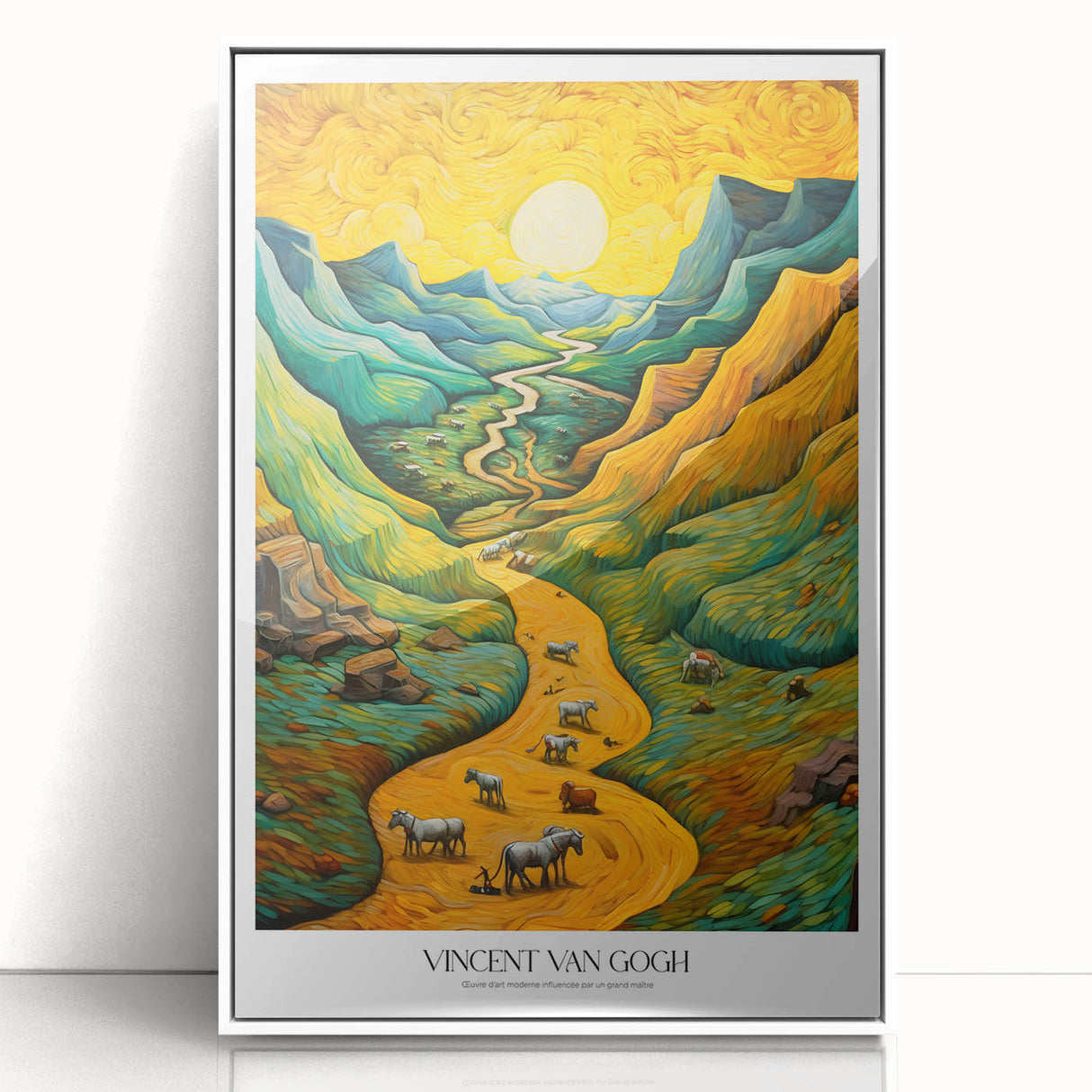 Acrylic print of Van Gogh impressionist painting in vibrant colors, framed in white, suitable for modern art wall decor.