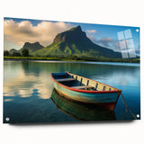 Acrylic glass print of a Mauritian landscape with vivid blue and green hues, suitable for bedroom or dining room decor.