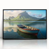 Large abstract wall art depicting a Mauritian landscape in muted colors on a framed acrylic.