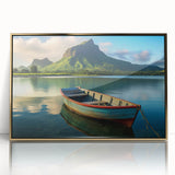 Mid-century modernist art depicting a serene African scenery on a gold-framed acrylic, showcasing earthy tones.