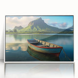 Large art print of a scenic Mauritius landscape in mid-century modernist style, acrylic framed.