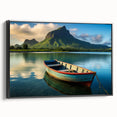 Black and white framed canvas of a Mauritian landscape, ideal for bedroom wall art.
