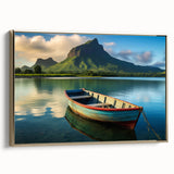Framed canvas featuring a colorful landscape art painting of Mauritius with vintage poster influences.