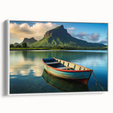 Framed canvas featuring a vintage-style landscape painting of Mauritius with black and white tones.
