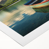 Art deco poster of a serene Mauritius landscape in muted green and blue tones on rolled canvas.