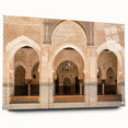 Large abstract wall art of a Moroccan landscape in earthy tones on acrylic glass, suitable for bedroom or dining room decor.