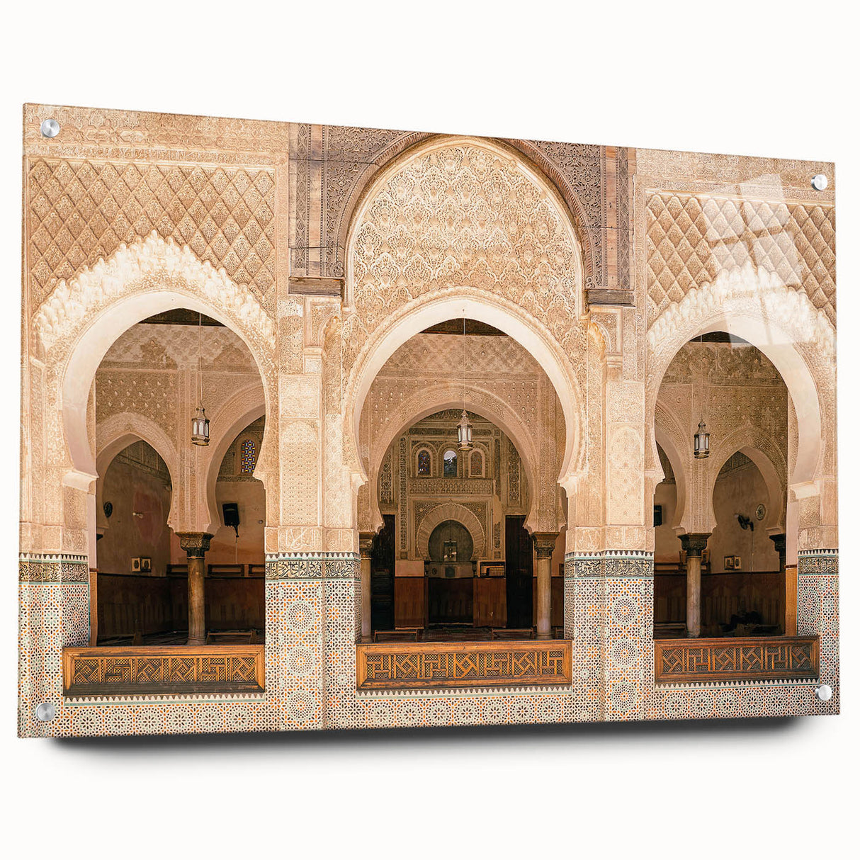 Large abstract wall art of a Moroccan landscape in earthy tones on acrylic glass, suitable for bedroom or dining room decor.
