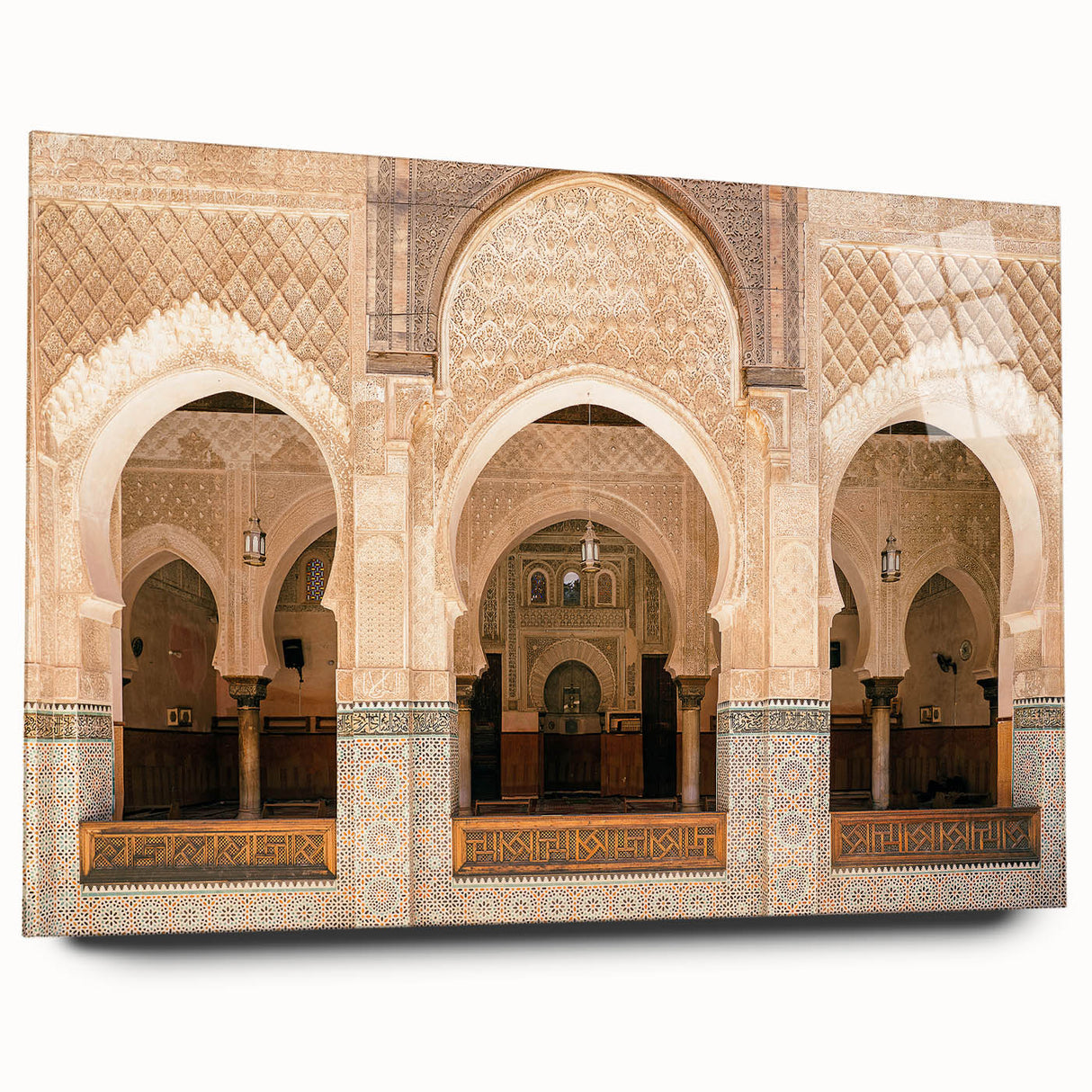 Large abstract acrylic print depicting a Moroccan landscape in earthy tones, ideal for bedroom or dining room art.
