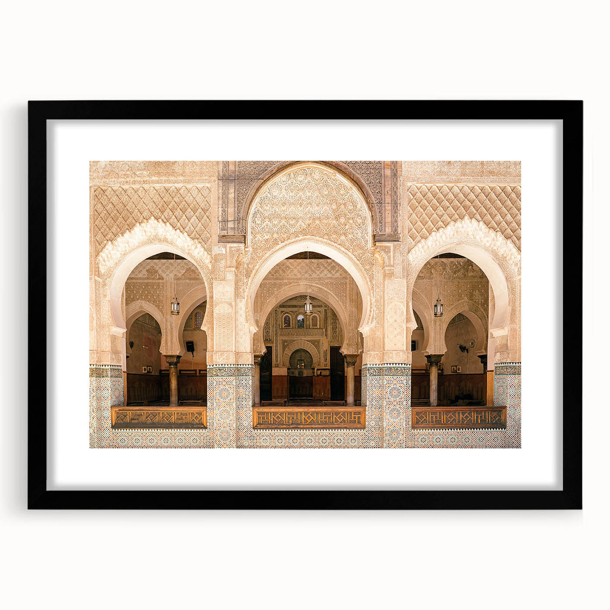Extra large abstract art print of a colorful Moroccan landscape, textured finish on a framed black mat.