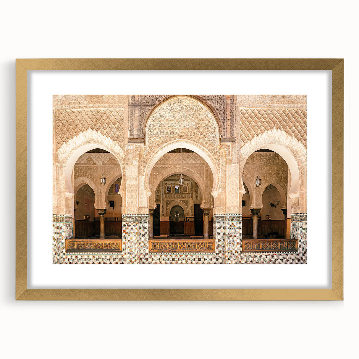 Abstract textured art print of Moroccan scenery in muted earth tones, framed in gold, ideal for bedroom wall decor.