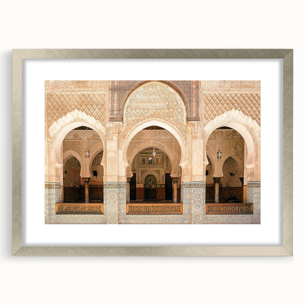 Abstract art print of a Moroccan landscape in muted earth tones on a framed silver mat, ideal for dining room decor.