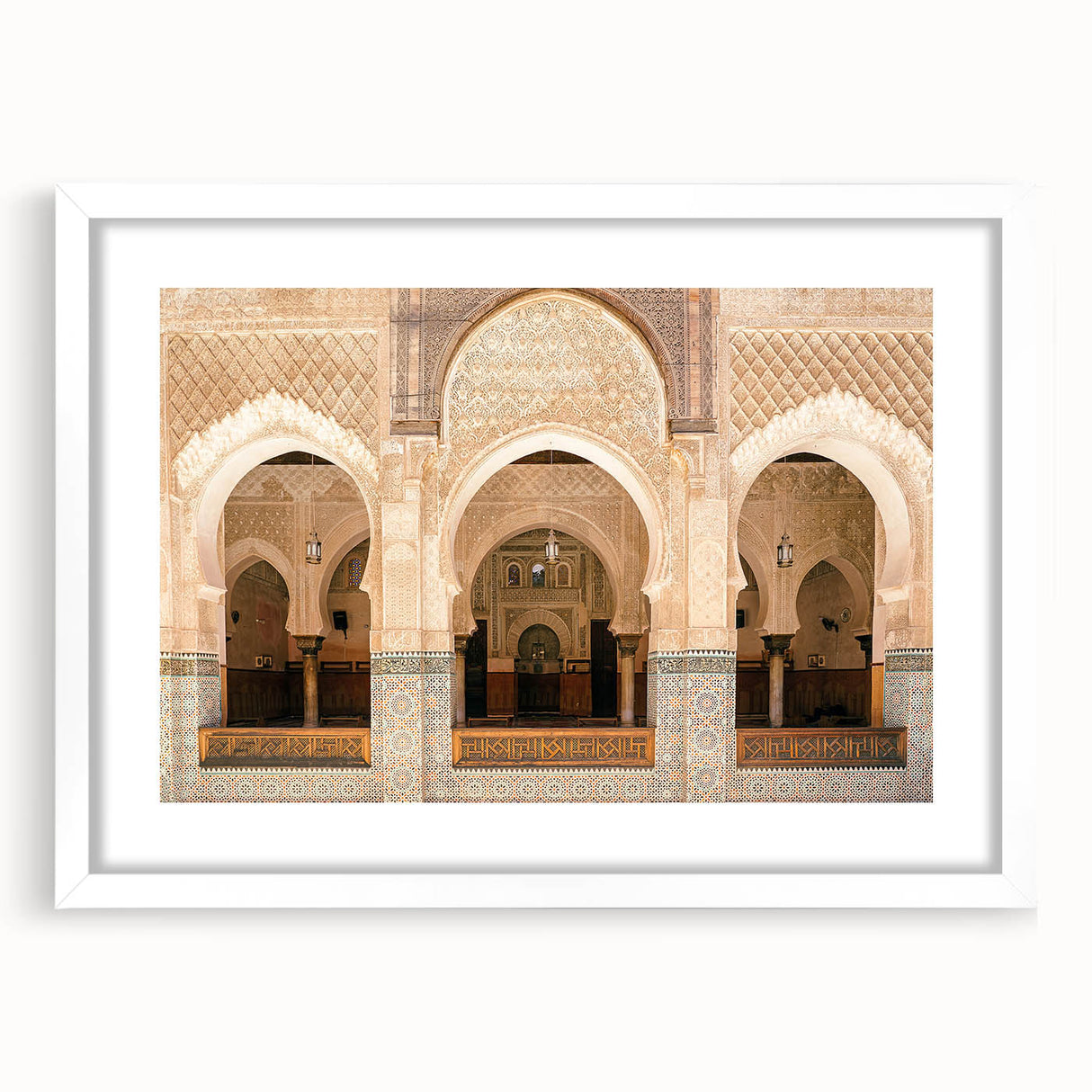 Extra large abstract art print featuring a textured Moroccan landscape in earthy tones, framed with a white mat.