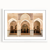 Extra large abstract art print featuring a textured Moroccan landscape in earthy tones, framed with a white mat.
